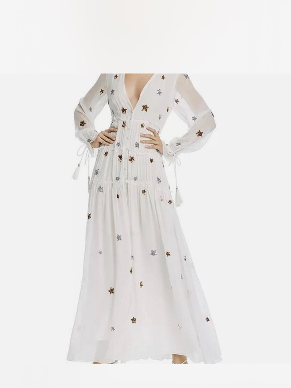 White Star-Embellished Maxi Dress with V-Neck